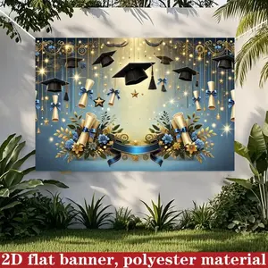 2D Flat 1 piece polyester graduation celebration background banner with gold tassels, graduation caps, stars and blue tassels. Suitable for primary and secondary school graduation ceremonies, graduation parties, graduation appreciation dinners,