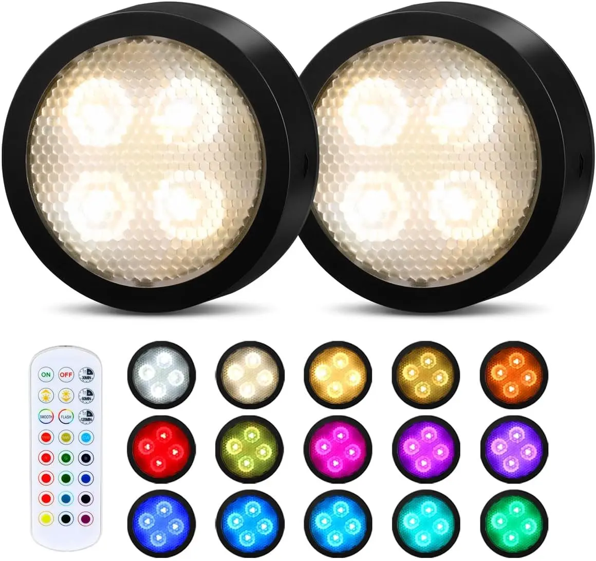 Puck Lights with Remote Timer, Under Cabinet Kitchen Lights Battery Operated LED Lights, Stick on Shelf Lights Wireless Counter Lights, RGB Color Changing Display Lights, 2 Pack Black
