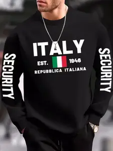 Men's Letter Print Round Neck Long Sleeve Sweatshirt, Casual Fitted Pullover for Fall & Winter, Essential Choice