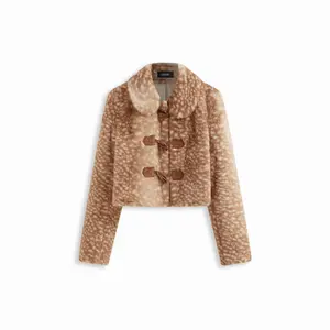 Cider Deer Print Faux Fur Collar Toggle Button Crop Jacket