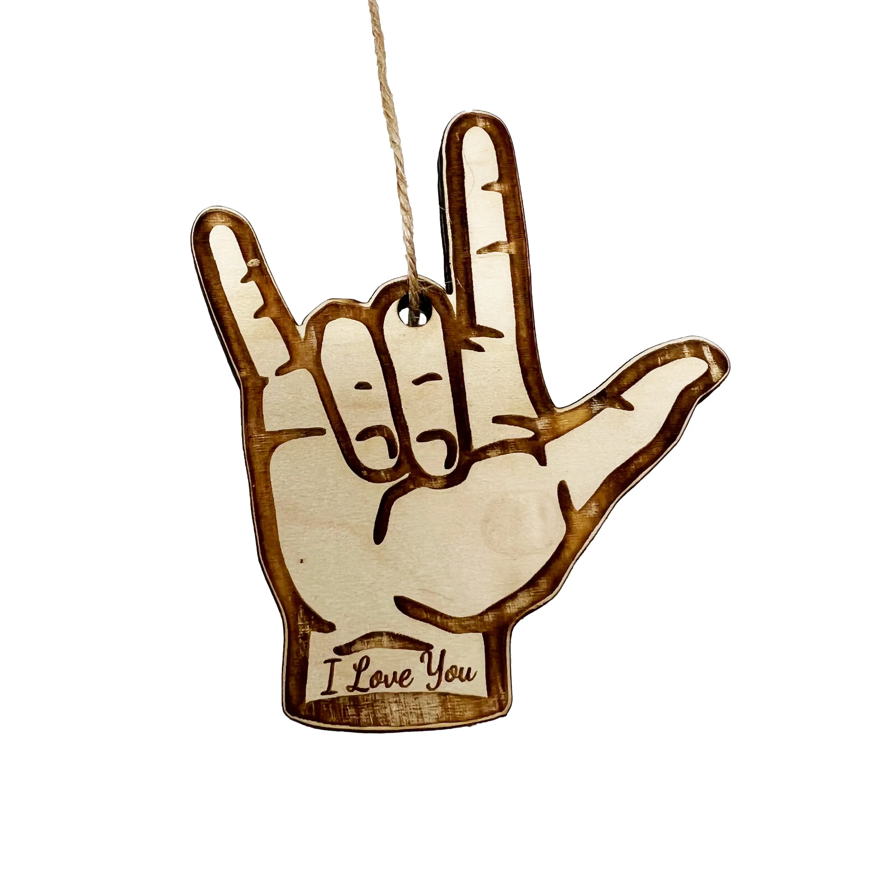 Ornament - ASL I Love You Sign Language - Raw wood Ornament