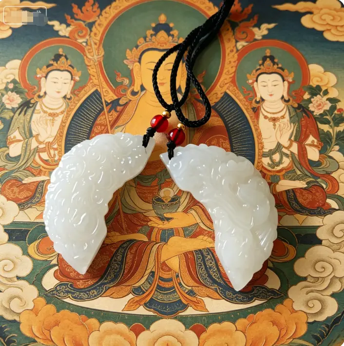 Half Moon Dragon Phoenix Jade Pair Amulet Natural White Jade Couple Matching Necklaces