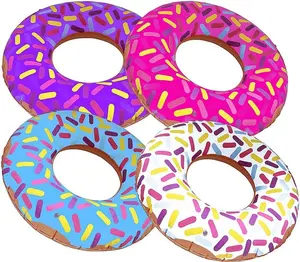 16" Donut Inflate Tubes, Set of 4, Colorful Inflatable Donut Tubes in Assorted Designs, Donut Birthday Party Decorations Supplies, Durable Water Pool Toys for Kids, Fun Donut Party Favor