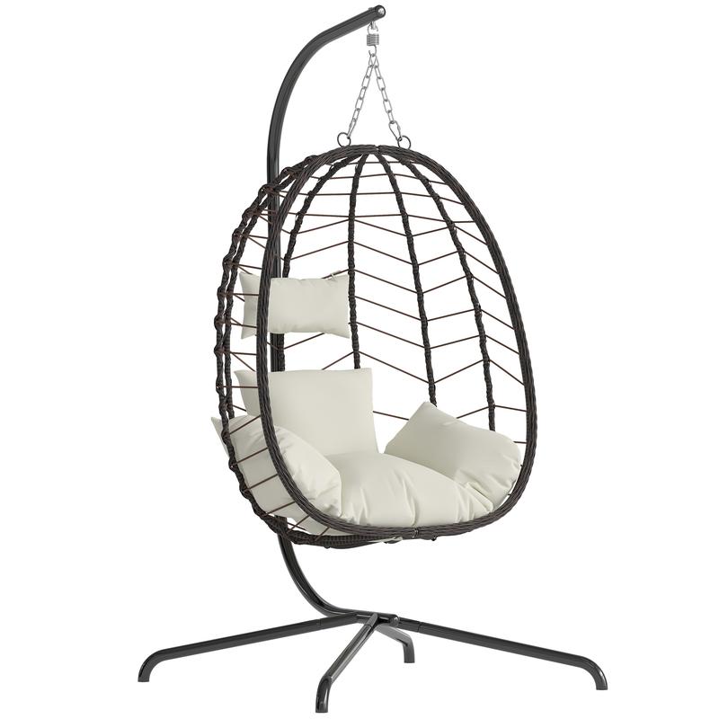 Hanging Egg Chair with Stand – Handwoven Rattan Patio Swing with Cushion, 350lb Capacity – Indoor/Outdoor Chic for Patio, Garden & Poolside