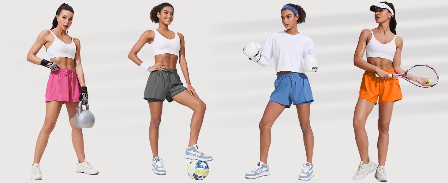 PINSPARK Women's Running Shorts 5" Liner Athletic Workout Shorts Hiking 2 in 1 Quick Dry Short with Pockets Lemon Green