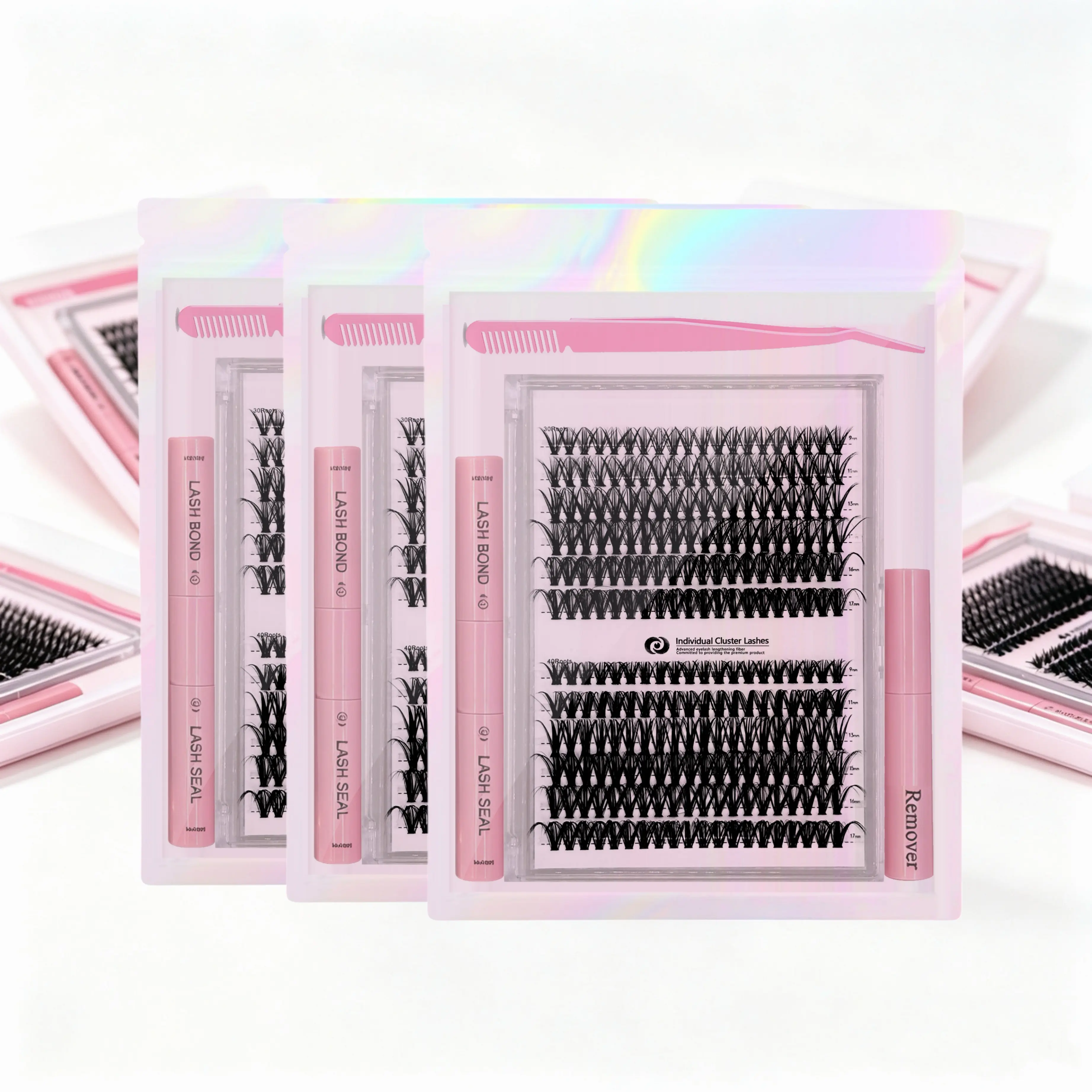 Complete Cluster Lash Kit, 240 Pcs Natural Fluffy DIY Lash Extensions with Bond, Seal, Remover & Tweezers | 30D-40D Mixed Volume 9-17mm Individual Lash Clusters
