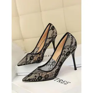 Women's Mesh Hollow Contrast Lace Pointed Toe Stiletto Heels, Elegant Pointed Heels,  Fashion High Heels for Women, Women's Shoes for Party, Daily Clothing Decor for Girl, Perfect for Outfit Matching, Glamour Shoes Stylish Classy Black Footwear Heeled