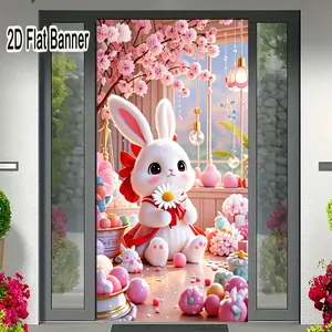 2D flat banner, 1pcWhimsical Pastel Bunny Table Decor, Pink Cherry Blossom Spring Party Backdrop with Cute Sweets & Flower Arrangementsgalentines party decor, valentine day decor, decorations for valentines day