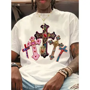 Men's White Crew Neck T-Shirt, Cross Jesus Print T-Shirt, Crew Neck, Short Sleeve, Concert Wear T-Shirt, Vintage Shirt, Graphic T-Shirt, Funny Shirt