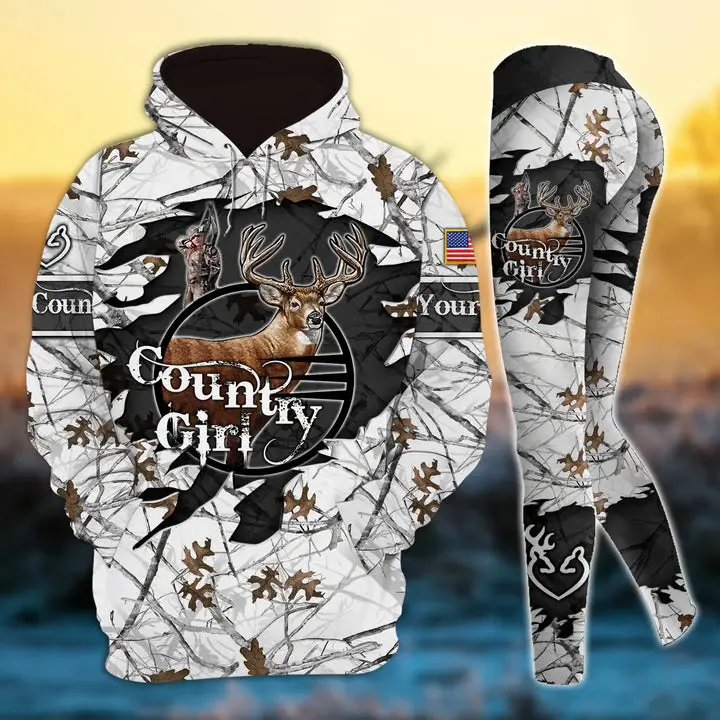 Country Girl Camo Hunting Outfit – Personalized 3D Hoodie & Legging Set, Custom Name Outdoor Apparel Gift for Women Hunters & Hunt Lovers
