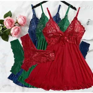 Lace Babydoll Sleepwear Set, V-Neck Floral Mesh, Adjustable Straps, Delicate Ruffle Trim, Trendy Split Hem, with Matching Panty, Gift-Ready for Valentine's Day And Anniversaries, Christmas And Halloween Costumes