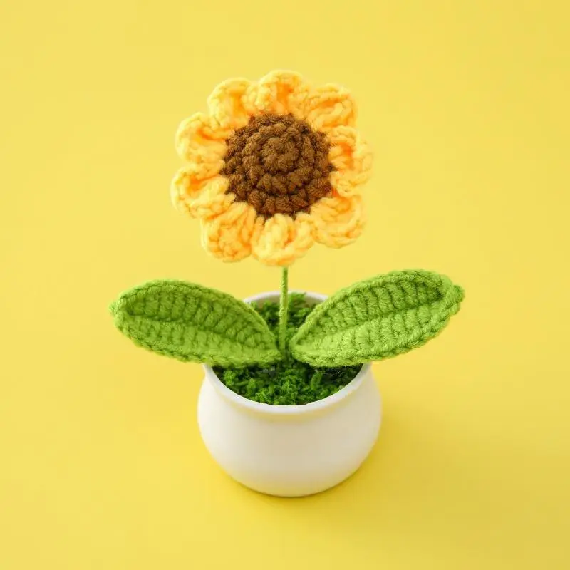 Knitted Sunflower Potted Flower, 1 Count Creative Desktop Artificial Decorative Potted Plant, Flower Decoration for Home, Garden Decorations