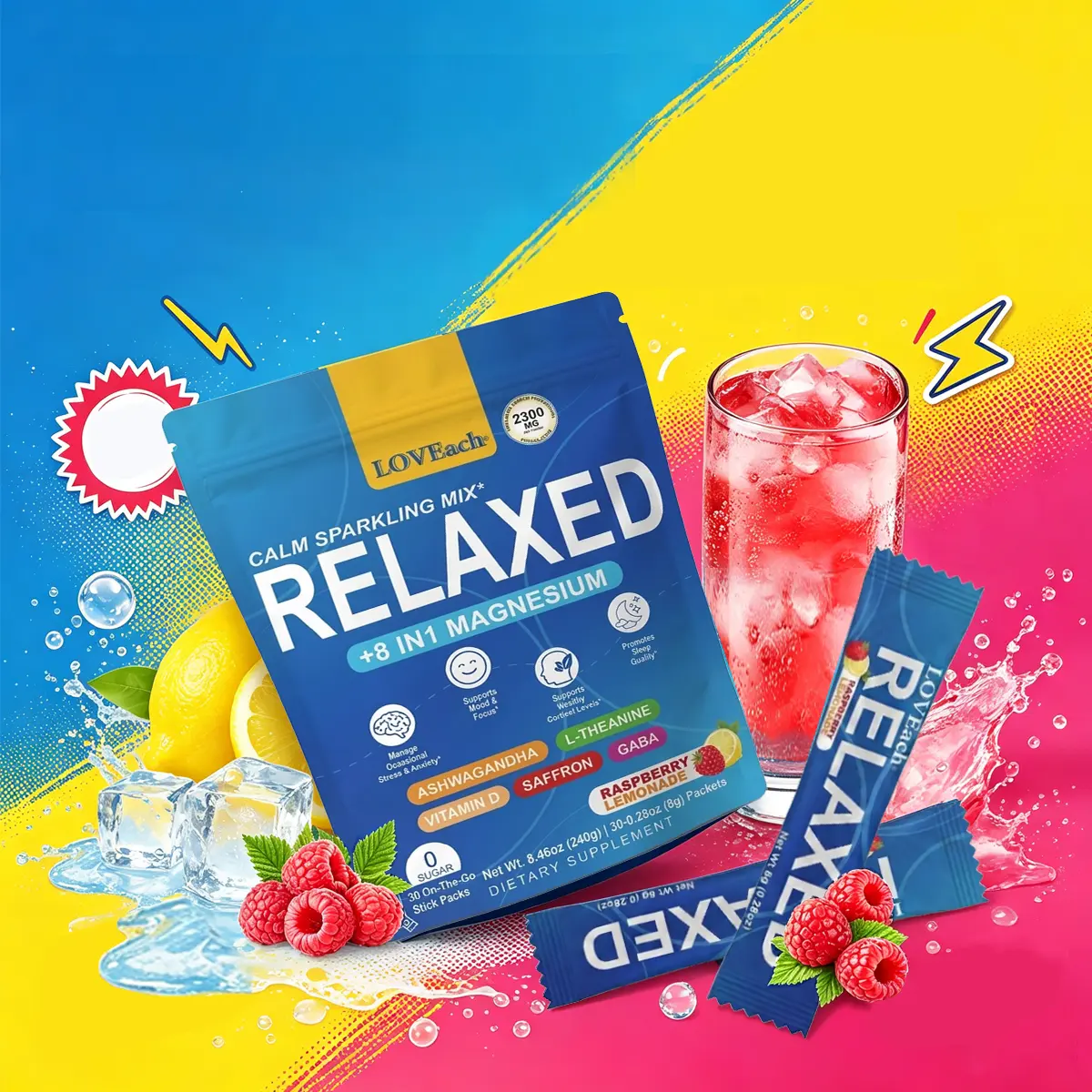 MAGICRELAXED Restful Sleep Nootropic Calming Magnesium Powdered Drink Mix - Edible Dietary Supplement with KSM-66 Ashwagandha, GABA, L-Theanine, Saffron Extract, Vitamin D, Raspberry Lemonade Flavor, 30 Servings (Mood & Saffron Magnesium Support), Restful