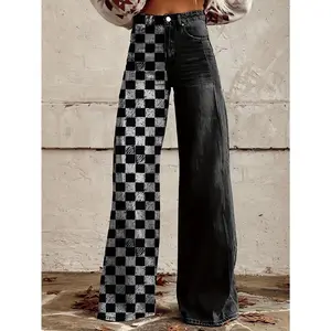 Women's High-Waisted Wide-Leg Pants - Black & White Checkerboard Jeans-Like Pants, Non-Stretchy Trousers for Streetwear, Formal Events & Everyday Outfits - Machine Washable All-Season Leg Pants, Trendy Event Attire, Streetstyle Apparel, Solid Color Backin