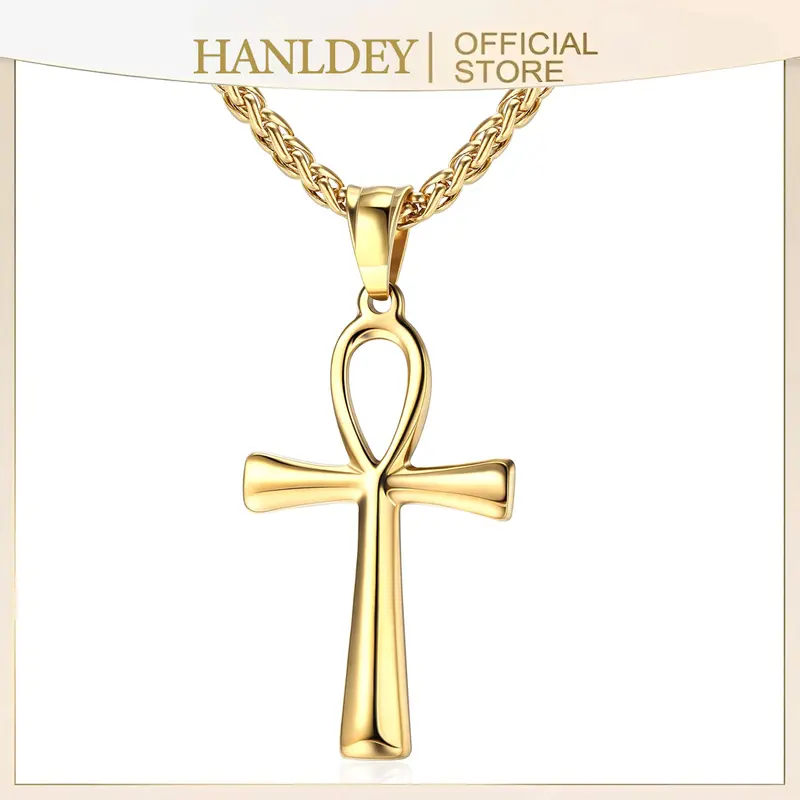 Women's Coptic Ankh Cross Necklace - 24in 52mm x 25mm Stylish Stainless Steel Gold Plated Amulet, Hypoallergenic Egyptian Non Tarnish Jewelry, Silver Plated Religious Christmas Gift Accessory