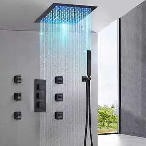 LED Black Shower Jets System in Wall, 12 Inch Ceiling Mount Rainfall Shower System and Handheld Spray, Bathroom Mixer Shower Combo Set (Contain Shower Faucet Rough-in Valve Body and Trim)
