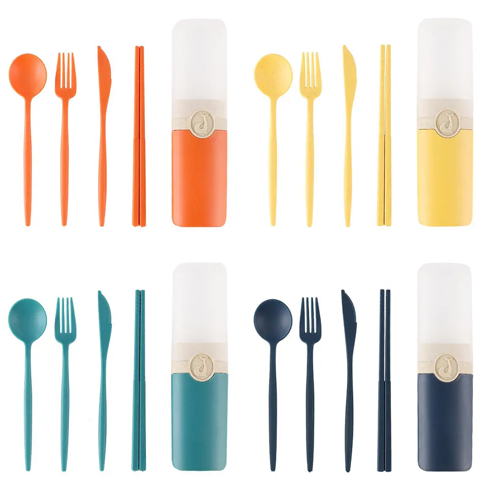 Reusable Portable Travel Cutlery Set 4 Pack, Wheat Straw Utensils with Storage Case, Spoon Fork Knife Chopsticks Tableware Kit, Eco Portable Dining Silverware for School Office Camping Picnic