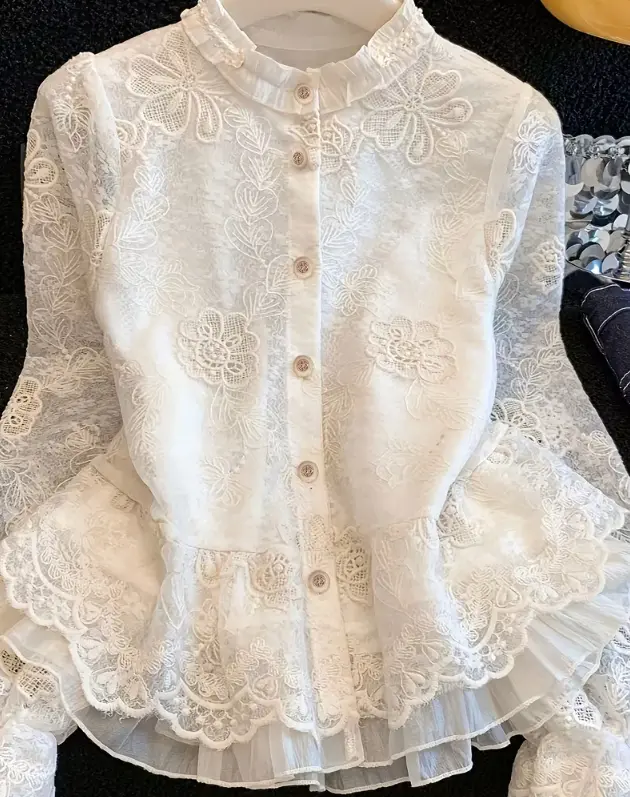 Elegant White Lace Blouse with Floral Embroidery and Button Front Design for Women