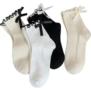 Womens Bow Socks Ruffle Casual Crew Black Whitte Soft Breathable Cotton 4 Pairs Socks