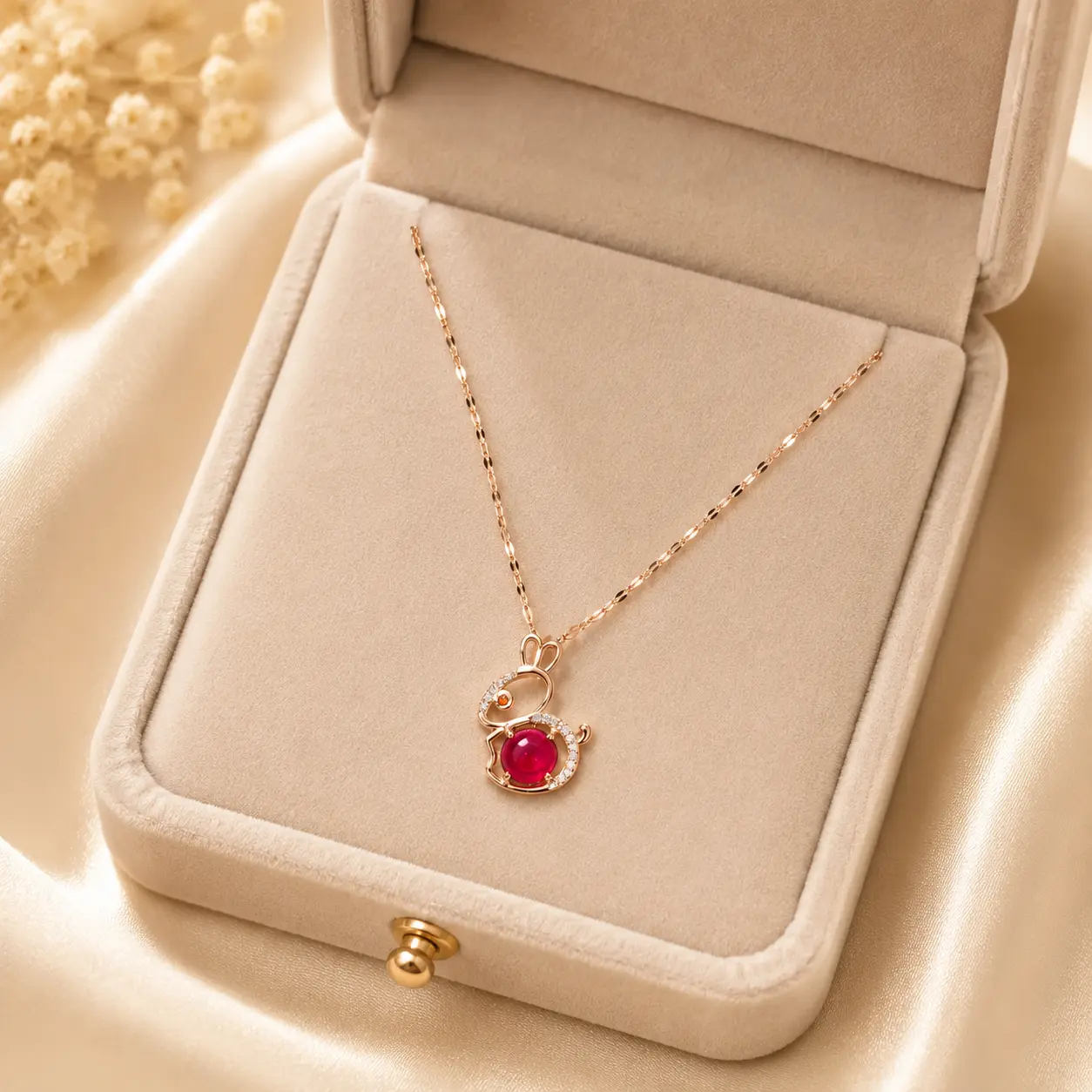 Red Bunny Necklace, Gold Tone Rabbit Pendant with Clear Stones, 18 Inch Adjustable Stainless Steel Gift for Her