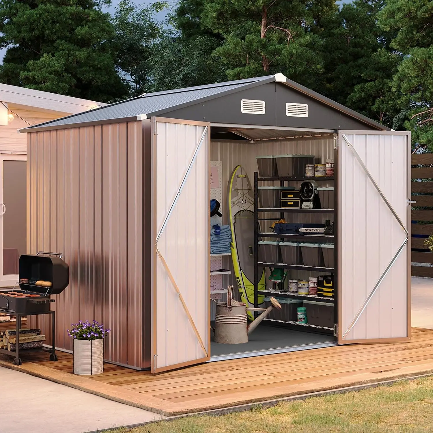 【2 Boxes Shipped At Different Times】Aoxun  Shed with Floor Heavy-Duty Galvanized Steel Outdoor Storage Shed with Double Doors, Ventilated Weatherproof Design for Bike/Generator/Tool Organization (Brown)