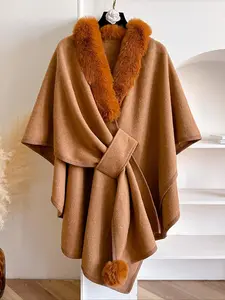 Women's Solid Color Poncho with Plush Trim, Casual Soft Warm Shawl for Fall & Winter, Fashion Accessories for Women & Girls