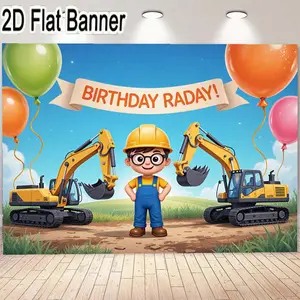 2D flat banner, 1pcHappy Birthday Banner - Construction Theme Birthday Decorations with Yellow Excavators and Cheerful Boy Cartoon Design, Perfect for Kids Birthday Parties, Indoor Outdoor Celebrations, Colorful Balloon Accents, Festive Backdrop Si