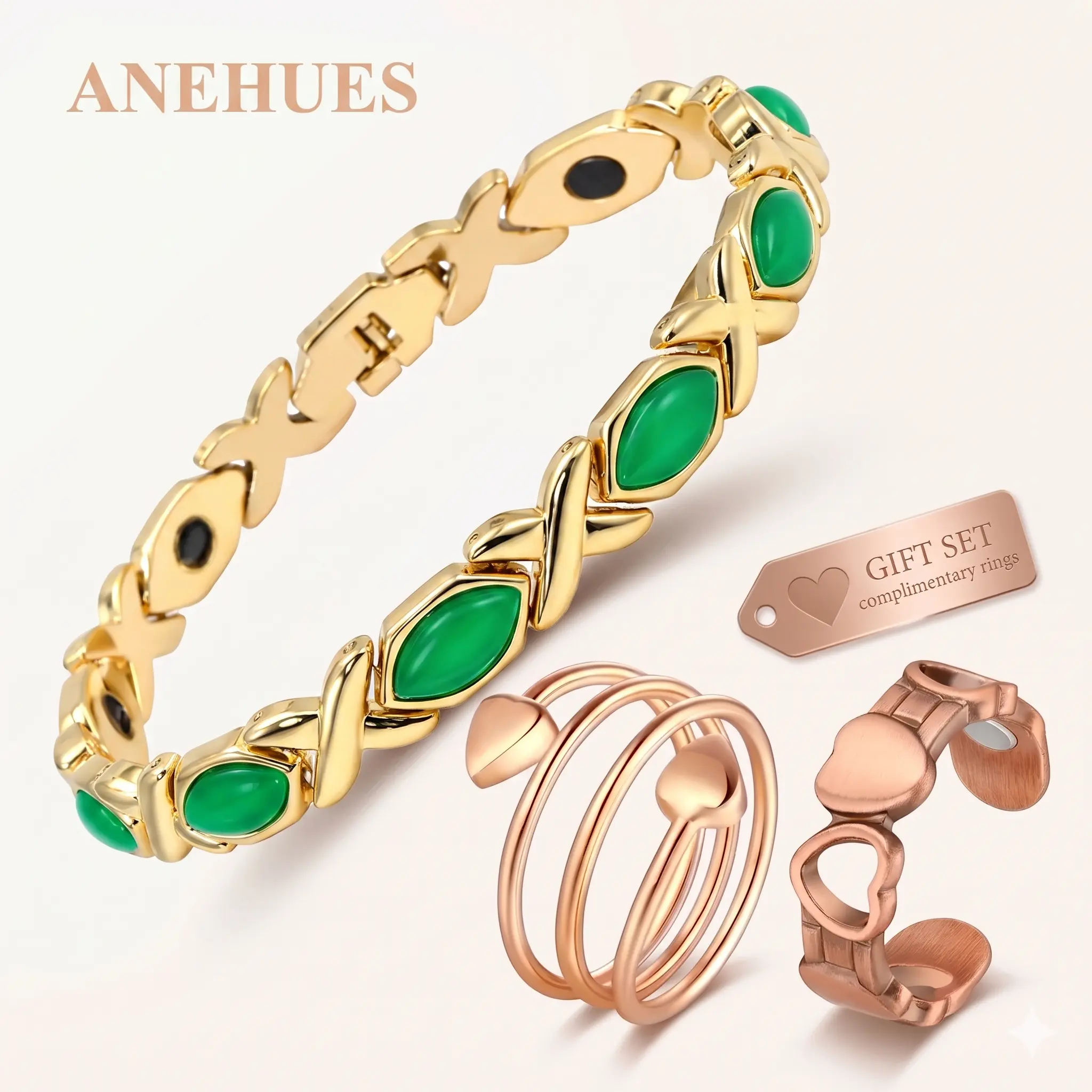 [Buy 1 Get 2] Anehues Magnetic Copper Bracelet & 2 Copper Rings Gift Set for Women | 99.99% Pure Copper, Adjustable Fit | Pulsera Magnética de Cobre y Anillo Ajustable