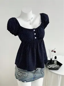 Women's clothing, comfortable square-neck polka dot print short-sleeve top, spring and summer women's apparel, retro navy blue polka dot puff sleeve square-neck blouse