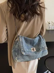 Winter New Fashion Classic Joker Solid Color Retro Wash Jeans Material Metal Chain Shoulder Bag Quilted Embroidery Thread Decoration Design Large-Capacity Shoulder Bag Suitable For Shopping And Outing., Perfect For Cow Girl
