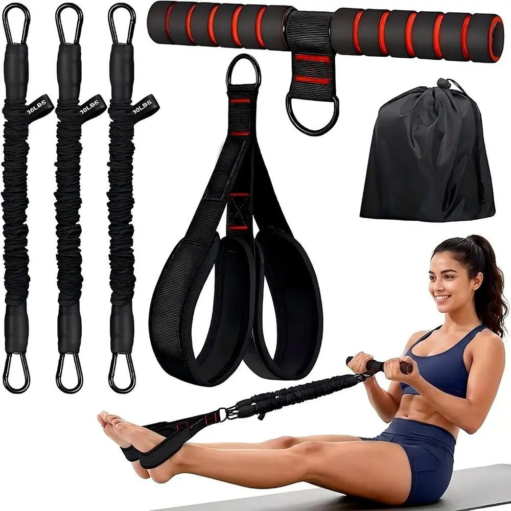 T-Handle Foot Pedal Pull Rope Set, black curved foot straps with multi-intensity elastic cords, portable pouch included, beginner training supplies, park basic sports indoor shared exercise auxiliary tools