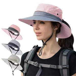 Stylish Women's Summer Sun Hat - Wide Brim UV Protection Foldable Ponytail Bucket Cap for Outdoor Adventures, Safari, Beach, Fishing, Hiking