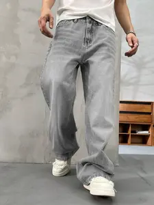 Men's New Fashion Fitted Jeans, Casual All-Season Washed Denim Jeans, Simple Style Streetwear, Plain Pattern, Zipper Fly