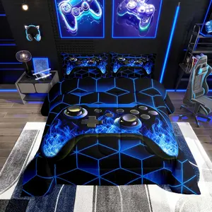 Blue Kids Bedding Sets for Boys Gamer Gifts Neon Comforter Set,D Geometric Kids Bedding Set,Flame Game Consoles Gamer Decor Bedroom Blanket