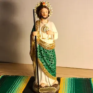 San Judas 9-inch Statue with Green and Gold Accents Holding a Staff Religious Home Decor Elegant Ornaments for Home and Office