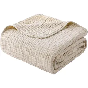 Muslin Blanket  Cotton Summer Blanket Large  Size 60" x 80" for Bed Couch 6-Layer Gauze Blanket for Adults Lightweight and Breathable Apricot White