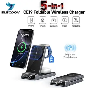 Upgraded version5-in-1 magnetic charging station supports Samsung galaxy/other Android phones (Galaxy S26 ultra), Galaxy Watch/Pods, iPhone 12-17/AirWatchPods, offering15W fast charging.  Elecdov CE19 features vents, a foldable design, a bedside clock