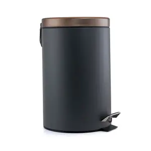 Elama EL-05 5L Round Plastic-Steel Soft Pedal Trash Bin - Smooth Operation, Stylish Design, Wall-Saving, for Office & Kitchen Use, Grey & Copper