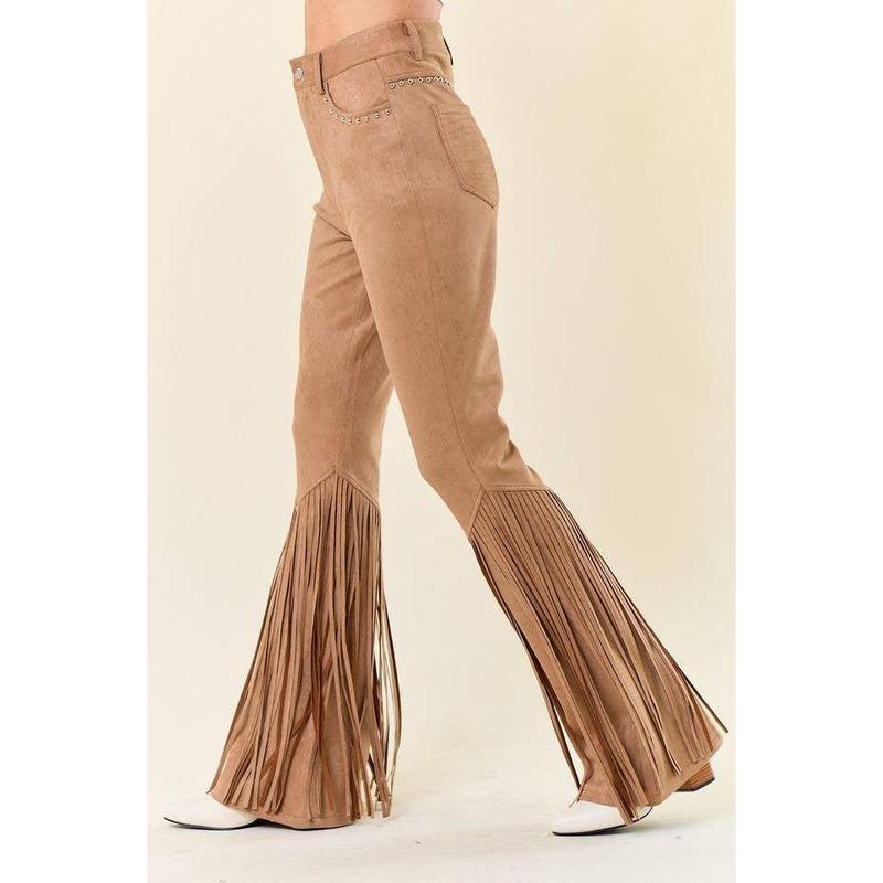 TAN STUDDED FRINGED FAUX SUEDE PANTS - $66.00