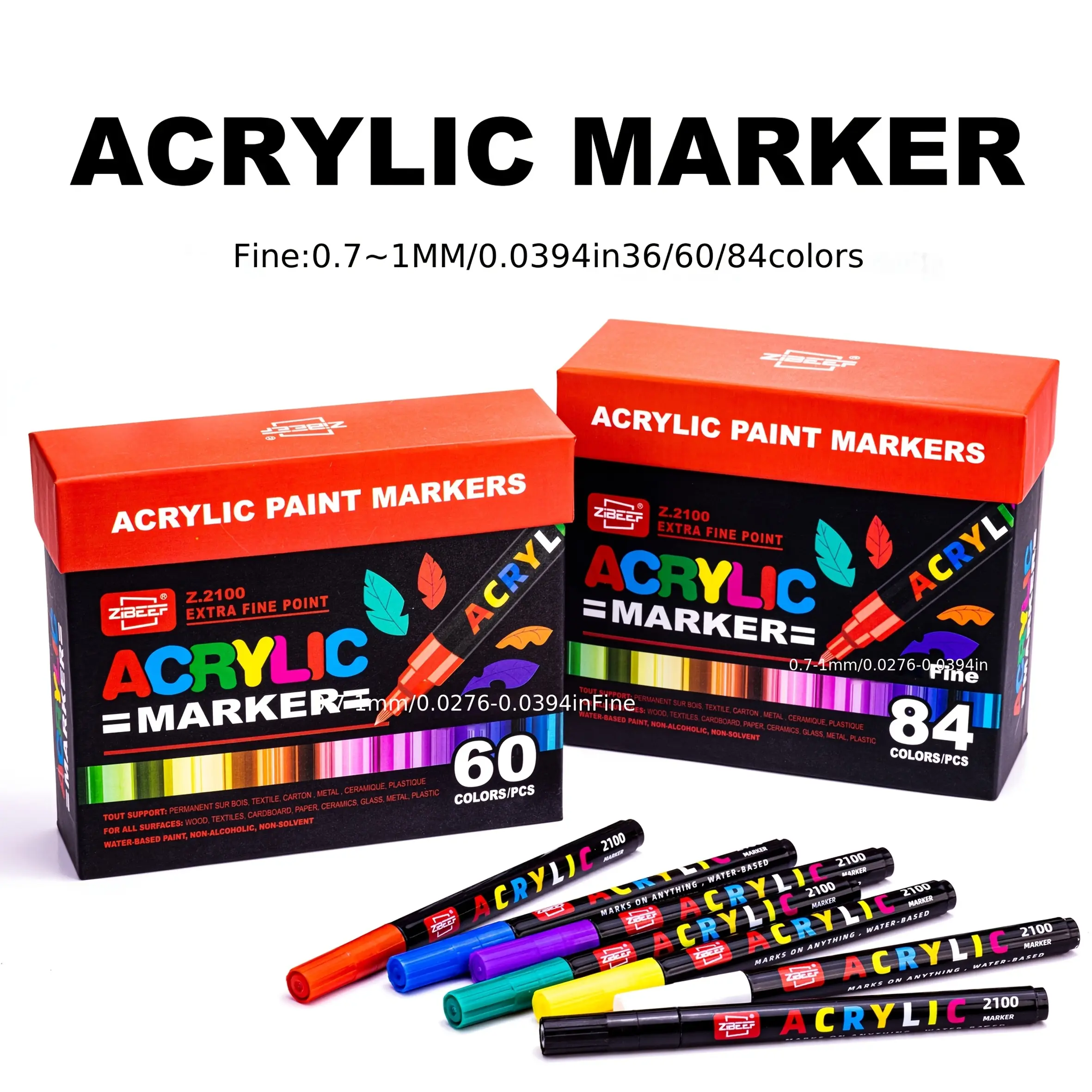 2100 ArtPro 36/60/84 Colors Acrylic Marker Set, 0.7mm Fine Tip, Non-Toxic, Permanent Straight Liquid Pens for Fabric, Stone, Wood, Metal, Plastic, Glass, Ceramics - No Battery Needed color dual