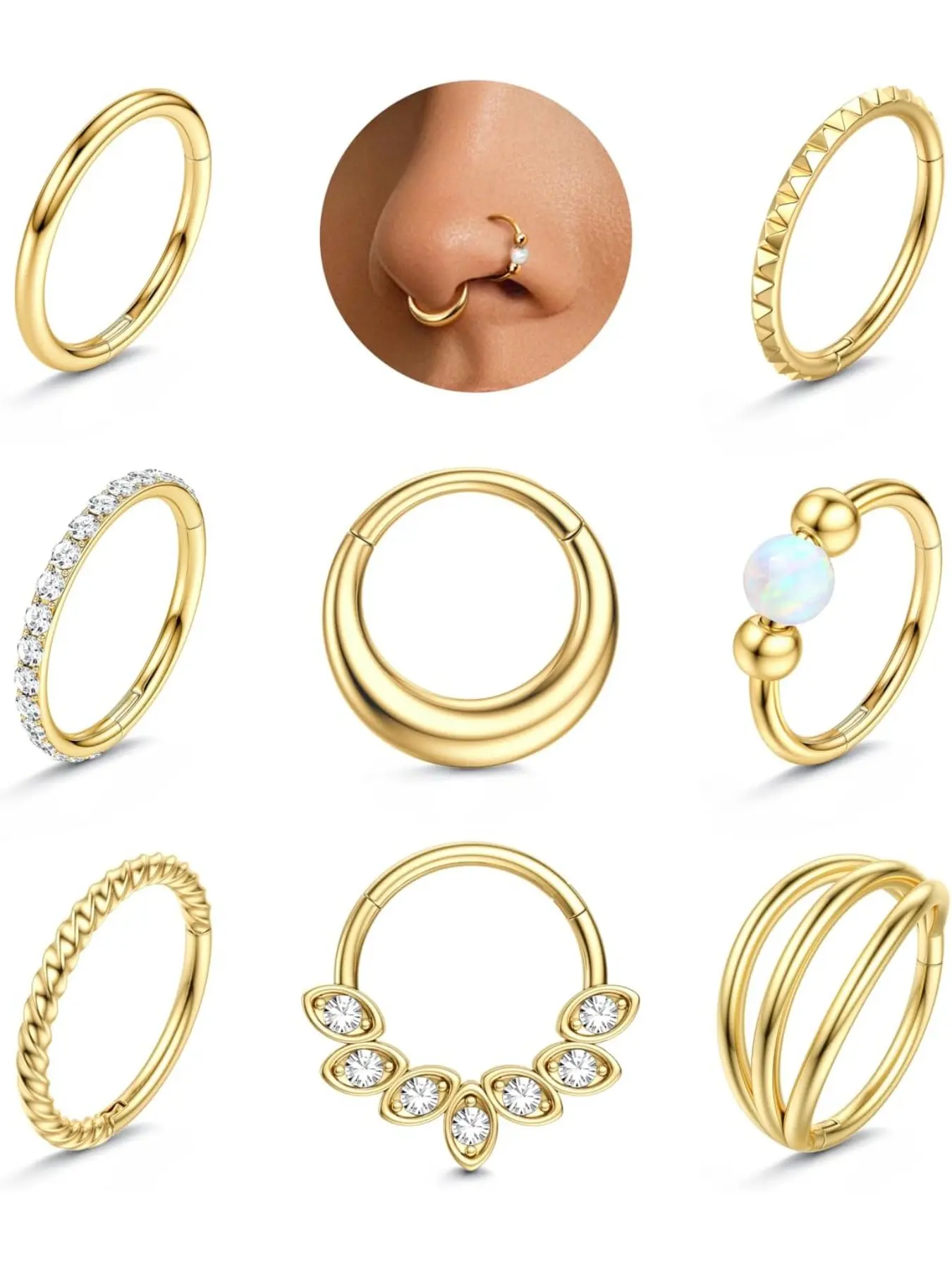 Women's Stainless Steel Rhinestone Nose Rings Hoops, 316L Steel Septum Rings, Silver/ Plated, 8mm/10mm Sizes, Nose Ring Jewelry, Body Jewelry
