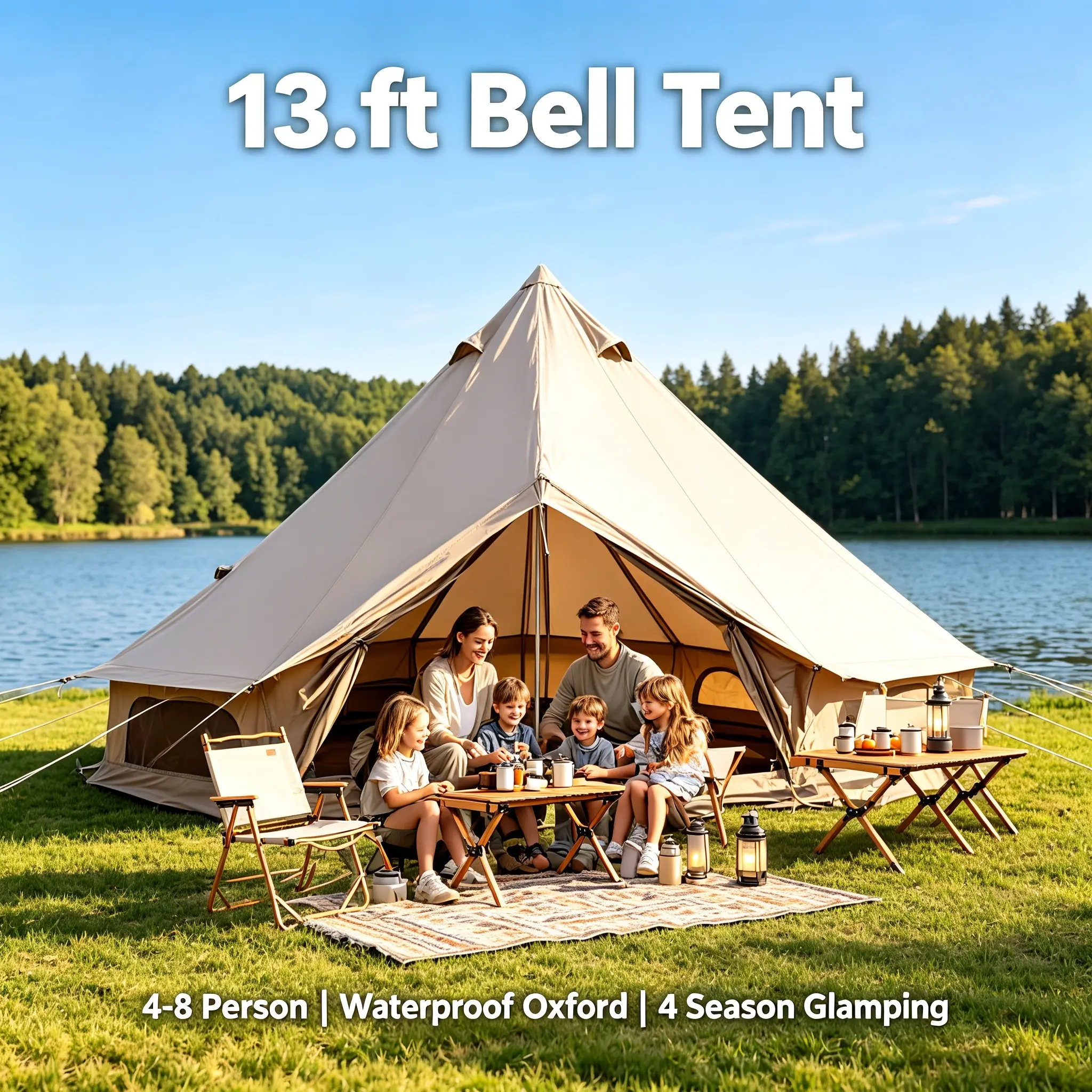 13.1ft Bell Dome Hot Tents for Camping with Stove Jack - 4-Season Oxford Glamping Yurt, 4-8 People Capacity, Waterproof, Tear-Resistant, Mesh Windows, Stand-Up Height Family Beach Camping Shelter essentials