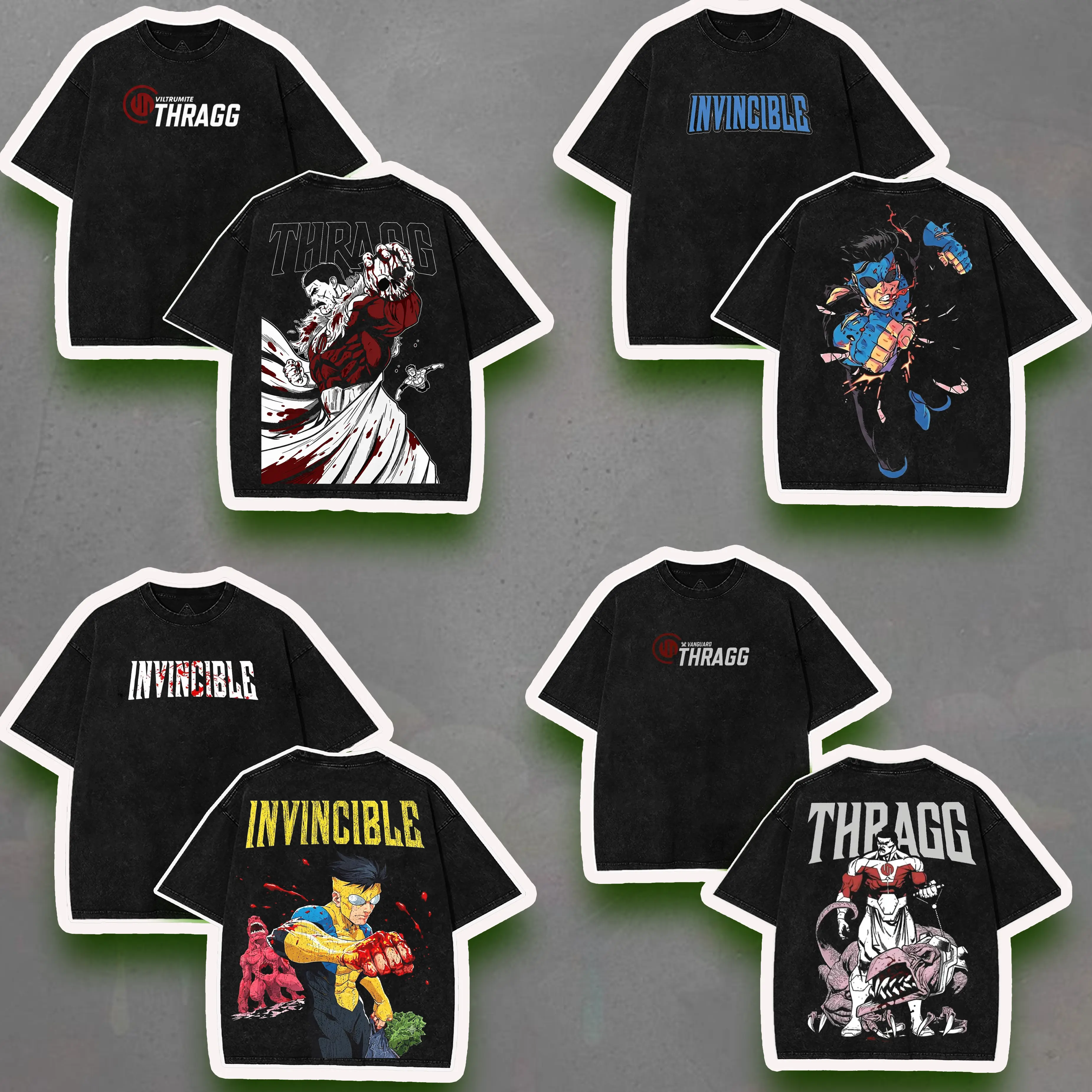 [COLLECTION] Grand Regent Thragg and Mark Grayson Invincible Comic Graphic Tee Viltrumite Empire Leader Illustration Sergei Kravinoff Style Heavyweight Acid Wash Boxy Fit Premium Oversized Cotton T-shirt for Men Women Streetwear