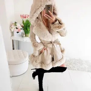 Belted Faux Fur Hooded Fit Coat Faux Fur Chav Coat Women's Double Breasted Wool Coat Double-Breasted Pea Coat Long Sleeve Open Front BlazerGift2026 new