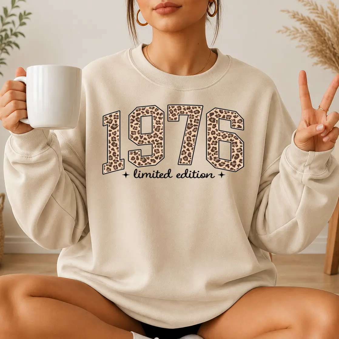 1976 Limited Edition 50th Birthday Sweatshirt, Leopard Print Graphic Crewneck with Sleeve Design, Vintage 50th Birthday Pullover, Birthday Shirt, Best Friend Gift for Her
