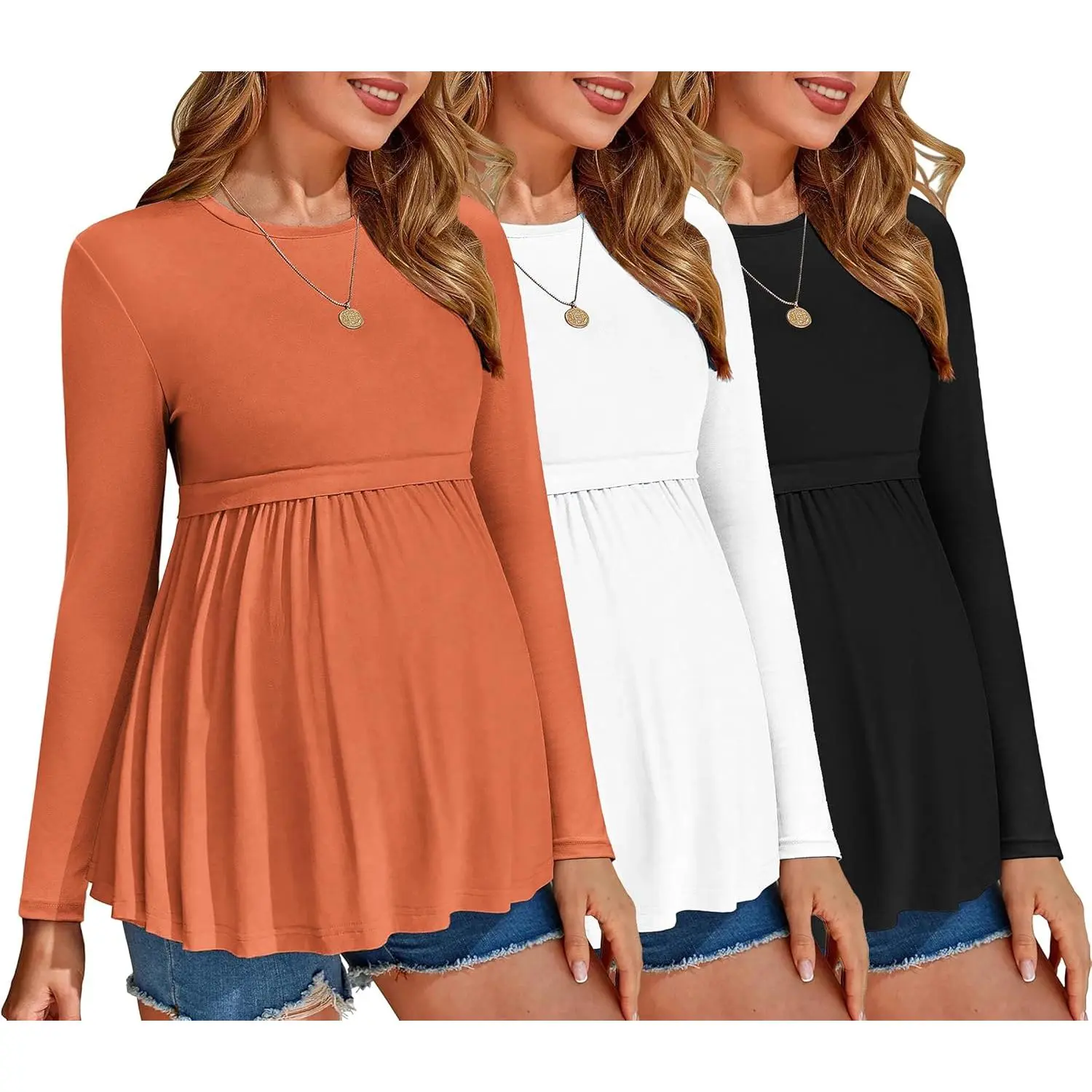 Women's 3-Pack Maternity Clothing, Casual Long-Sleeve Pleated Tunic Tops, Breathable Pregnancy Shirts for Everyday Wear