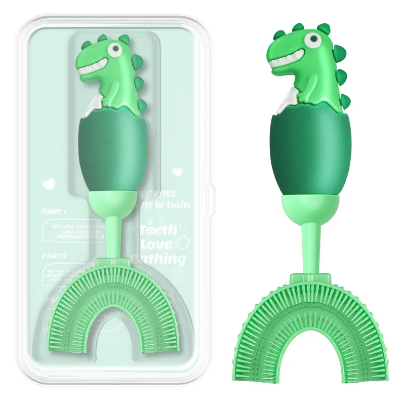 Manual U Shaped Toothbrush for Kids Ages 2 7， Soft Food Grade Silicone for Sensitive Gums， 360° Teeth Cleaning Design，Training & Travel Friendly Toddlers' Toothbrush (Green)