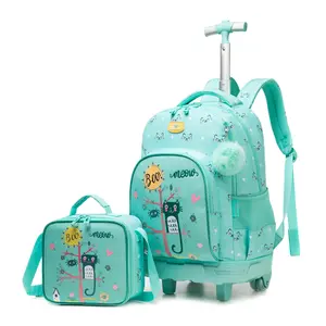 Cute Cat Rolling Backpack Set for Girls | Insulated Lunch Bag + Pencil Case | Back to School Essentials kid