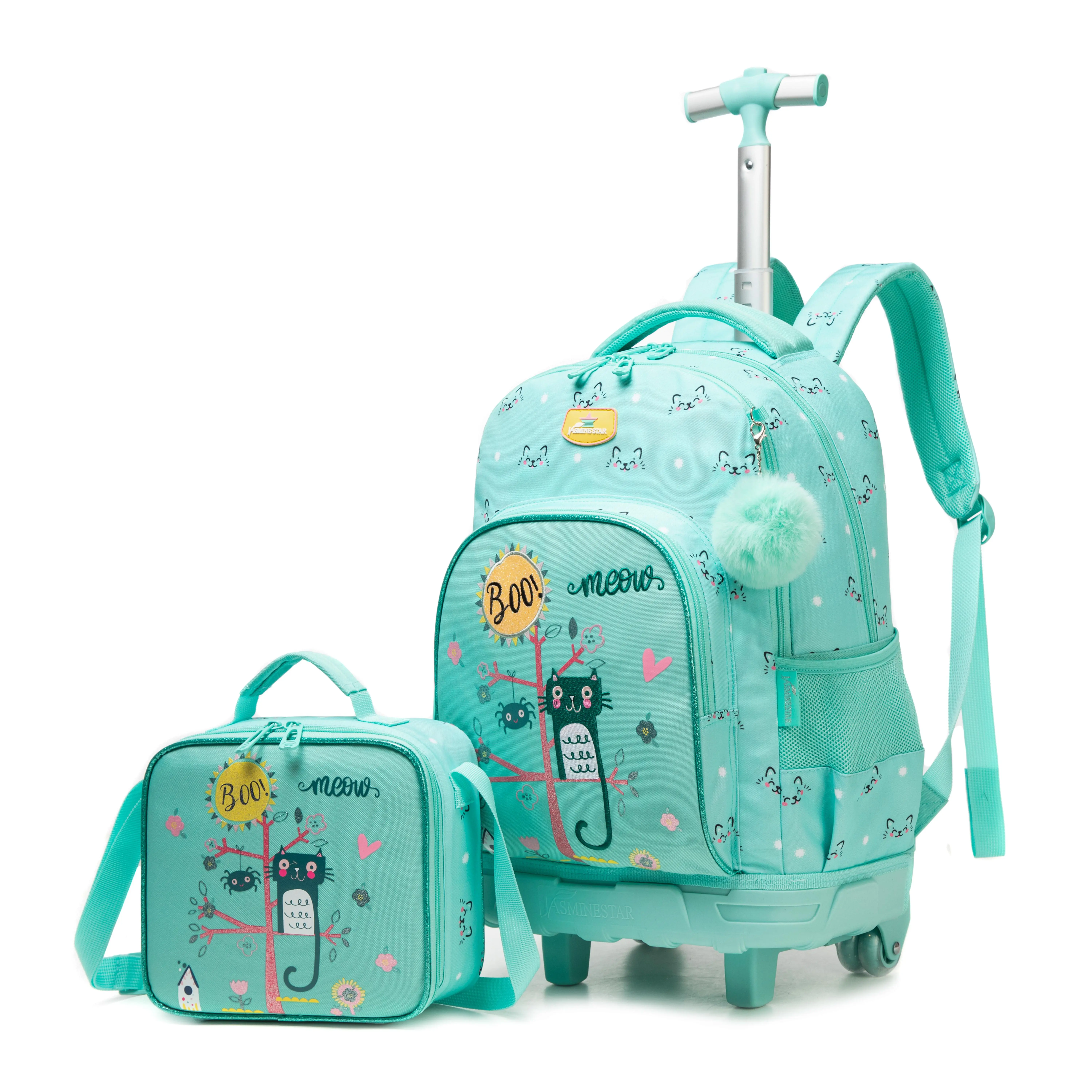 Girls' Rolling Backpack Set, Cute Cat Print 3-in-1 Luggage with Insulated Lunch Bag and Pencil Case for Back to School, 3-In-1 Backpacks, Backpack And Lunchbox Set Backpacks