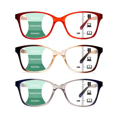 Unisex Bifocal Progressive Blue Light Blocking Reading Glasses 3-Pack, Lightweight Square Plastic Frames with Spring Hinges, UV Protection, Anti-Scratch High Definition Glasses, Multi-Focus Vision, Slim Face Fit, Mix Color Eye Fashion Eyewear